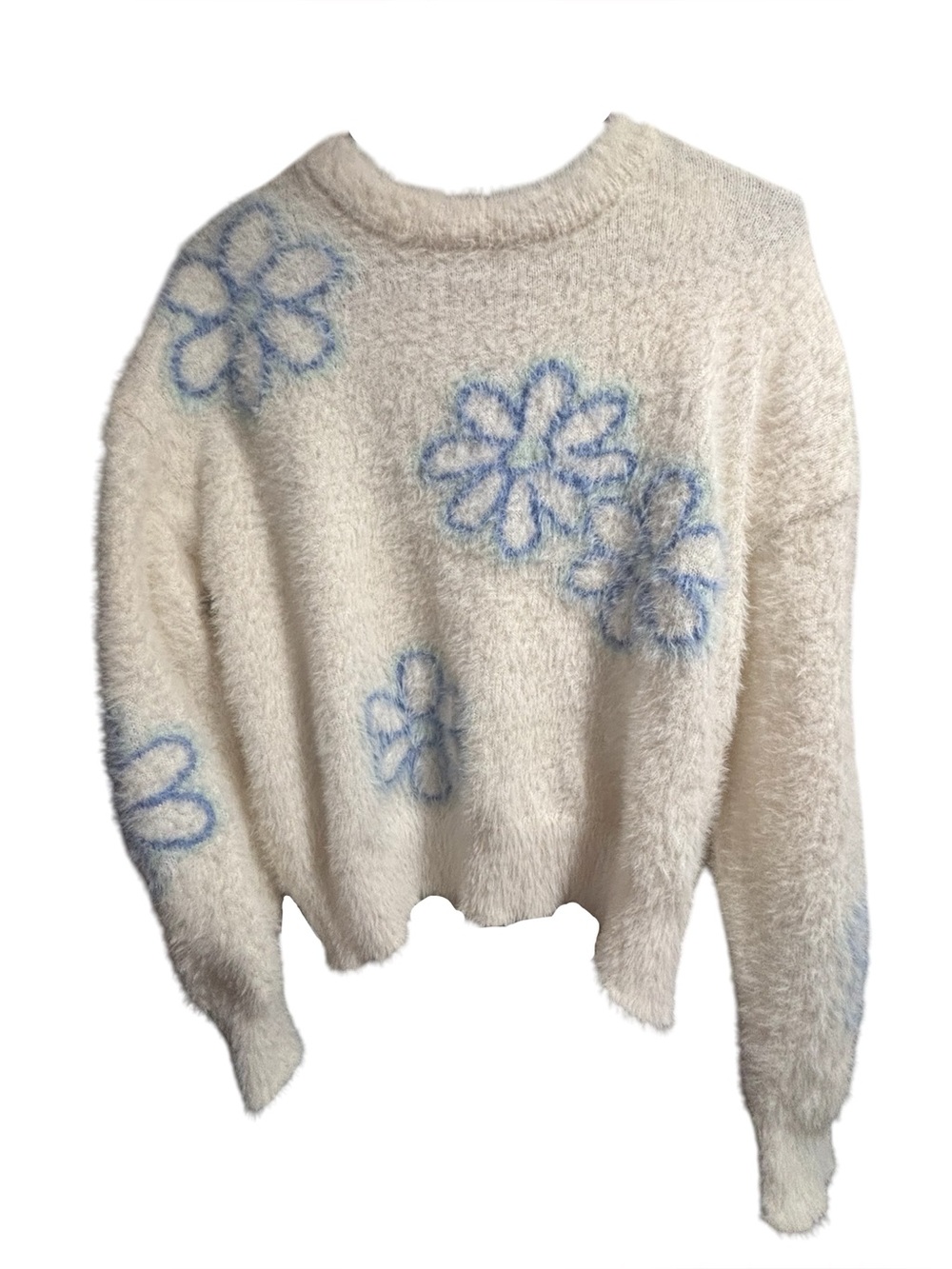 Hooked Up’ Cream Fuzzy Crewneck Sweater with Blue Flower Motif. W- Medium NWOT